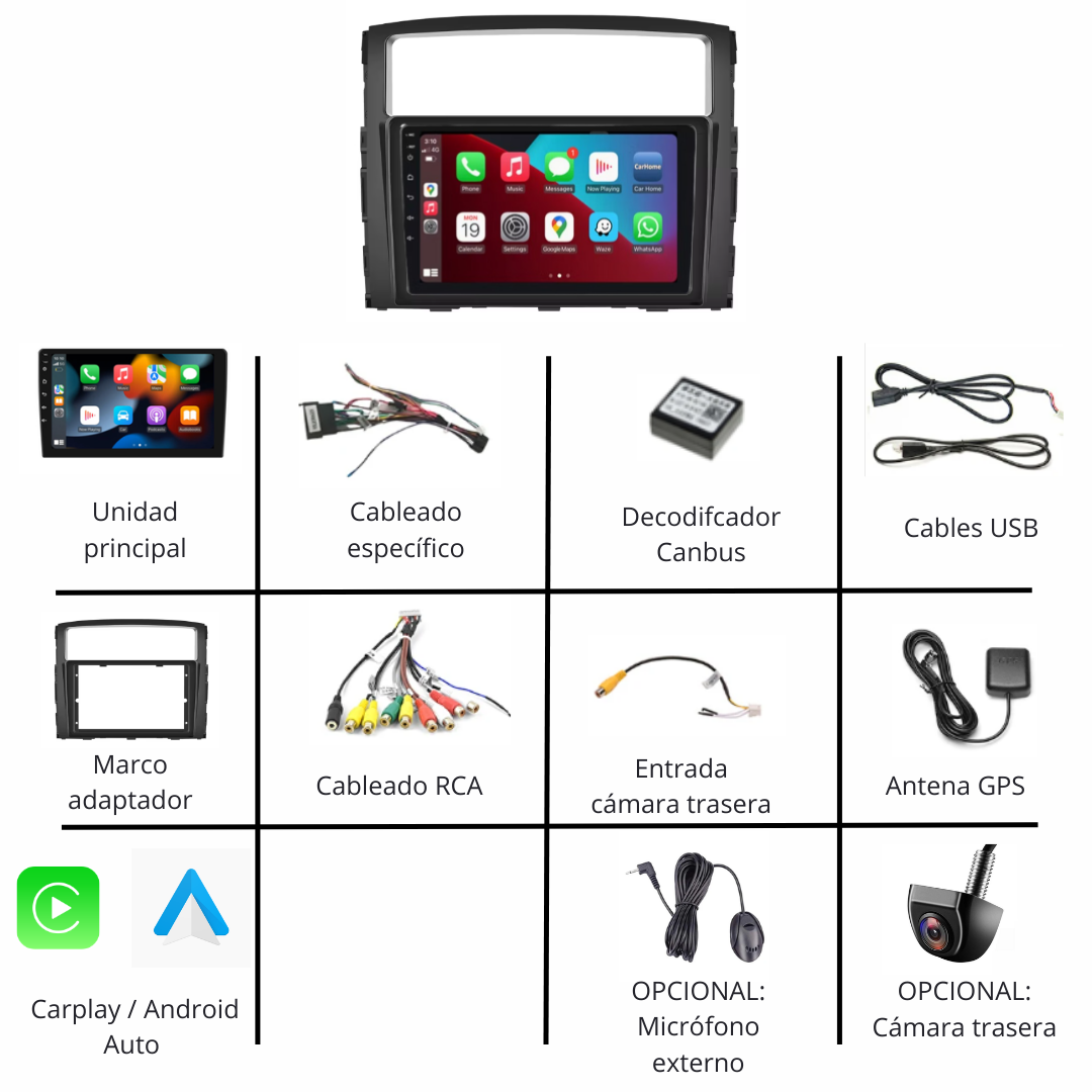 Pantalla / Radio Android para Mitsubishi Montero V80 V90 (2006-2021) – CarPlay y Android Auto – Plug & Play